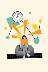 Vertical collage image of black white effect girl sit beanbag hold opened book cover face wall...