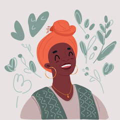 Vector illustration of Portrait of African woman with a colorful traditional shawl on her head. Scarf