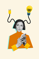 Vertical collage picture of black white colors minded girl hold smart phone light bulb plug cord...