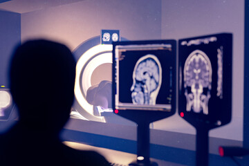 In Control Room Radiologist Diagnosis while Watching Procedure and Monitors Showing Brain Scans Results, In the Background Patient Undergoes MRI or CT Scan Procedure.3D rendering .