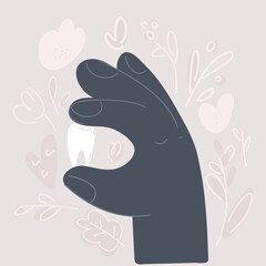 Vector illustration of Dentist holds a tooth in hands. Healthy white tooth.. Teeth isolated. Medical background. Promotion of dental clinic whitening, prosthetics.
