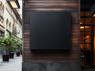Empty black square signboard mockup in outside for logo design, brand presentation for companies,...