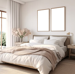 Mockup frame within a bedroom's interior background, adorned with soft pastel colors, 3D render. Made with Generative AI technology