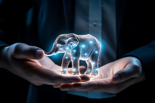 An elephant hologram in hands of businessman in dark background. Focus on hands protecting a shining elephant baby hologram. Concept of save and  protect the environment, save the wild animals, CSR, c