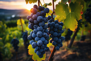 Dark Blue grapes in plantation. Ripe wine in vineyard, closeup. Purple grapevine in Vineyards. New vintage wine concept. 