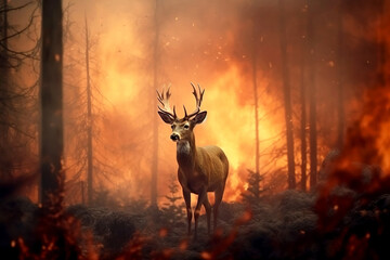 Deer running from burning forest. Forest fires are a problem of climate change and global warming. Generative ai
