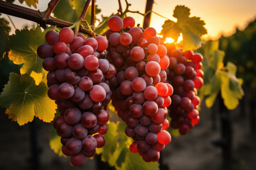 Red wine in vineyard, closeup. Purple grapevine in Vineyards. New vintage wine concept.  - obrazy, fototapety, plakaty