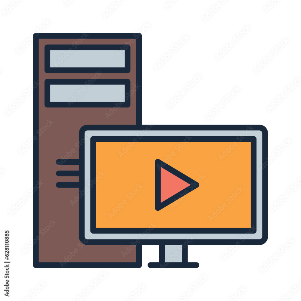 Poster desktop computer play video desktop outline icon. linear style sign for mobile concept and web desig