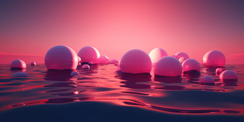 Pink sunset sea with floating spheres on surface of  water. surrealism, simultaneously an aesthetic of sea neon waves. Long horizontal banner. Generative AI. mental, emotional, and spiritual concept - obrazy, fototapety, plakaty