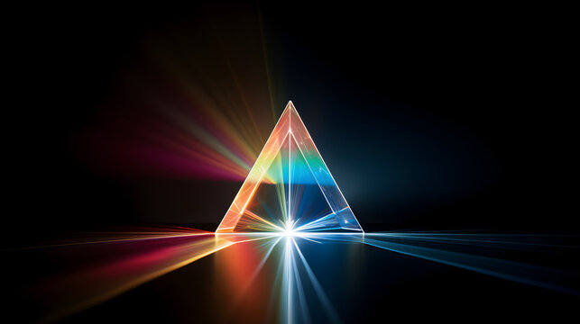 prisme triangulaire, rayons de lumi&egrave;res multicolores fond noir