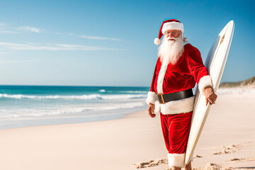 Santa Claus surfing on vacation in summer