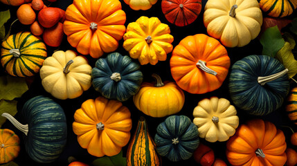 Different varieties squashes and pumpkins top view