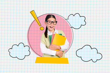 Image collage artwork poster of cheerful positive cute girl genius hold textbook academic exam materials isolated on paper background