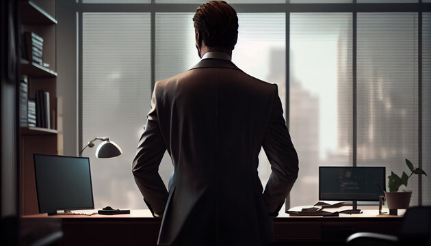  Businessman at the office, back view, silhouette of a person in a office, person standing in a corridor,  Ai generated image 