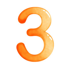 Watercolor numbers three. PNG file format isolated on transparent background