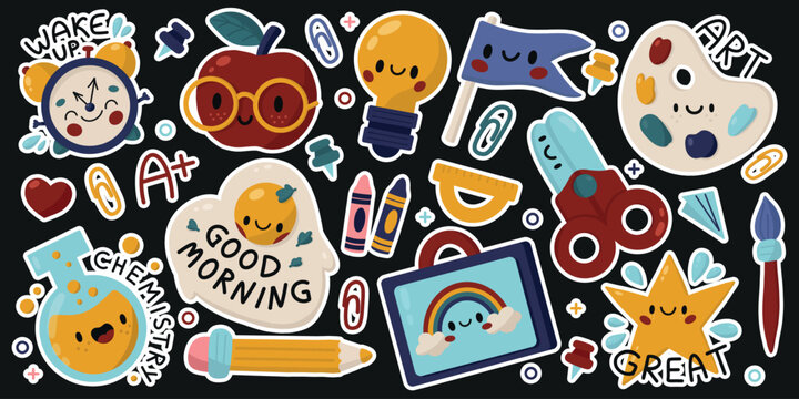Vector set cute school sticker pack. Stationery supply, school subjects back to school collection