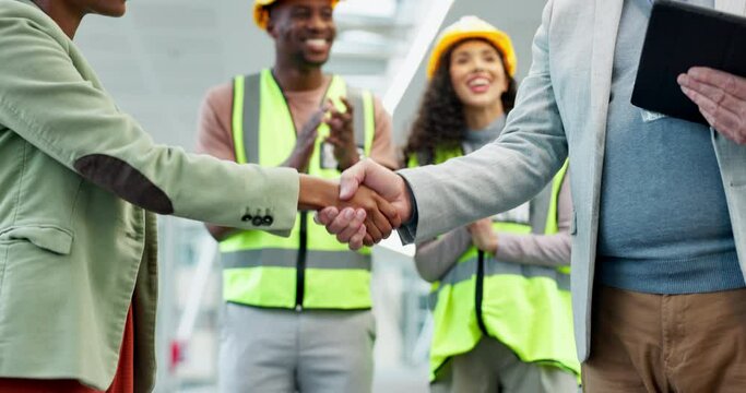 Handshake, partnership and people, success and construction, business collaboration and architect with tablet. Engineering team, agreement and trust, support and contractor contract with applause