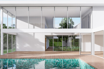 Minimal style new empty white house exterior 3d render,There are woodden terrace and green tile swimming pool