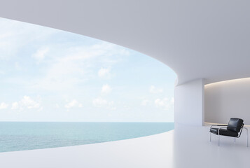 Minimal style curve white house curve terrace with sea view 3d render decorated with black leather chair with copy space