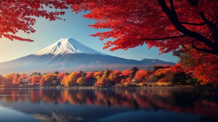 Fotobehang Donkerrood 紅葉と富士山