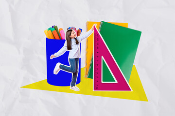 Artwork collage of happy positive mini girl arm hold big triangular pen case cup notebook isolated...