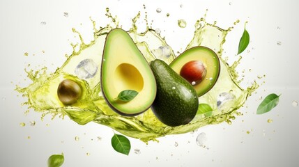 A cinematic shot avocado fruits falling with water splash, for commercial use, avocado juice