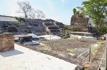 Fototapeta na wymiar The elaborate ruins of Comalcalco in Tabasco, Mexico, is the western-most Mayan city and the only ever built of brick