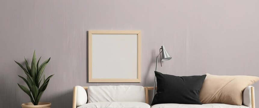 Video frame mock up, blank poster wall art canvas photo frame template. Minimalist styled room with sofa.