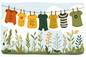 Colorful funny drawing of baby clothes on a rope in the countryside. Many fun different onesies hanging on a clothes line among flowers