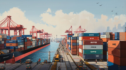 a mesmerizing scene of container ships lined up at the dock, with workers strategically arranging cargo with precision and expertise Generative AI