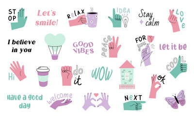 Romantic positive sticker pack with messages and cute elements. Perfect for print, greeting card, stationery