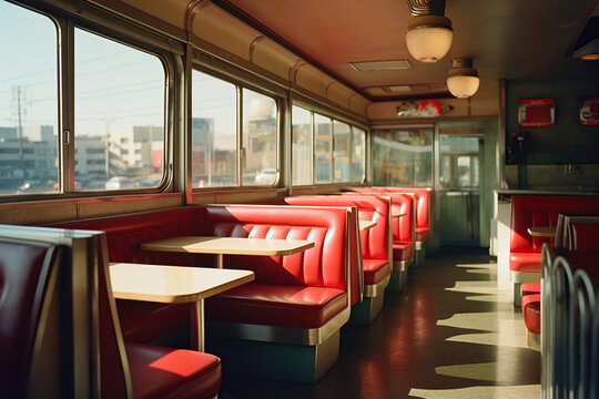 Empty american diner with red booths