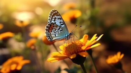 Closeup shot of a beautiful butterfly on an orange petal generate ai