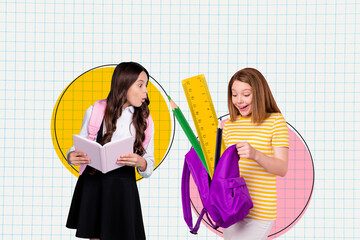 Collage image of two impressed girls hold opened book rucksack big pencil ruler isolated on painted...
