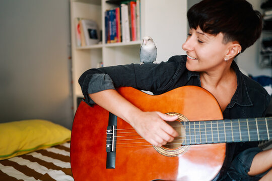 Happy woman and pet bird having fun playing guitar at home - Domestic lovebird with owner enjoying together