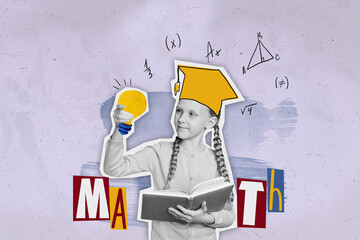 Collage sketch poster sketch of happy clever girl genius learning math hands hold textbook lamp...