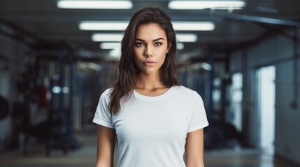 centered portrait shot of a gorgeous woman wearing a white blank t-shirt in a gym, mockup