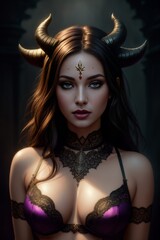 a woman in a bra and a demon headdress is standing in a dark room with candles 