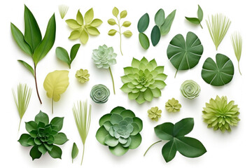 Various leaves and inflorescences on a white background. Botanical collage.