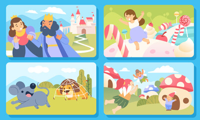 A collection of childrens fairy tales of folklore from various countries lion and mouse, candy world, fairy, mushroom, king and queen
