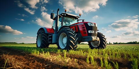 Obraz premium AI Generated. AI Generative. Tractor combine machine harvest field farming. Nature outdoor meadow landscape machine industry. Graphic Art