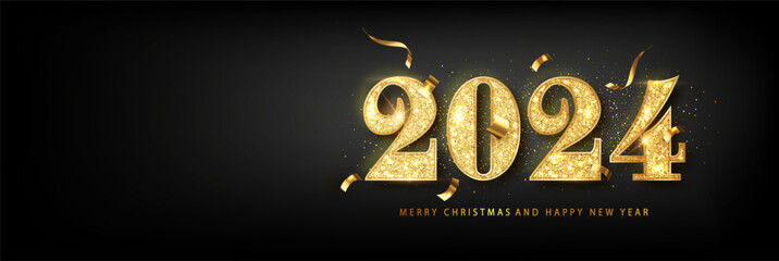 2024 Happy new year banner. Golden Vector luxury text 2024 Happy new year. Gold Festive Numbers Design. Happy Christmas Banner with realistick Numbers