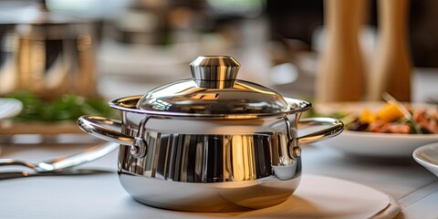  classic pots and pans on stainless steel kitchen