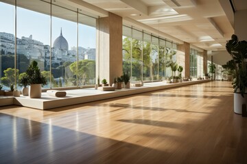 Fototapeta na wymiar Serenity in a white yoga studio with ample space