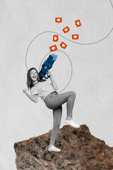 Vertical template photo collage of funky overjoyed teenage girl holding water gun blaster shooting popularity isolated on grey background