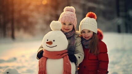 kids with a jolly snowman donning a cozy scarf and hat