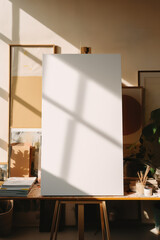 artistic frame canvas mock up in a curated whimsical studio setting / vintage artists desk, atelier bohemian style with natural light and shadows - ai generative art