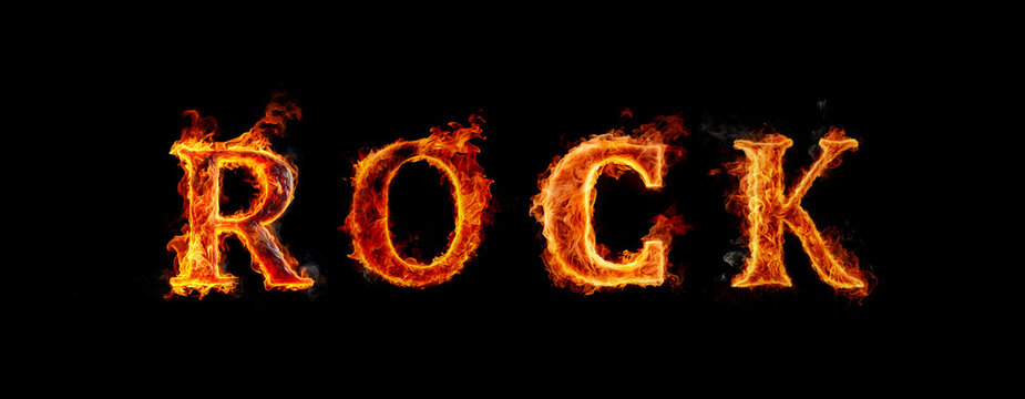 The word: Rock, consisting of burning letters isolated on black background. Flaming text. Hot fire text effect template