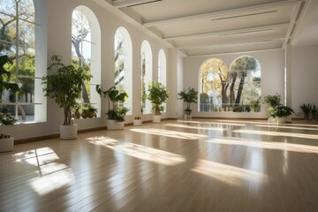 Serenity in a white yoga studio with ample space