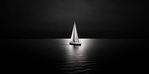 AI Generated. AI Generative. Ship sail boat yacht in open sea ocean lake water. Summer outdoor adventure vacation trip luxury lifestyle. Black and white photo illustration - obrazy, fototapety, plakaty